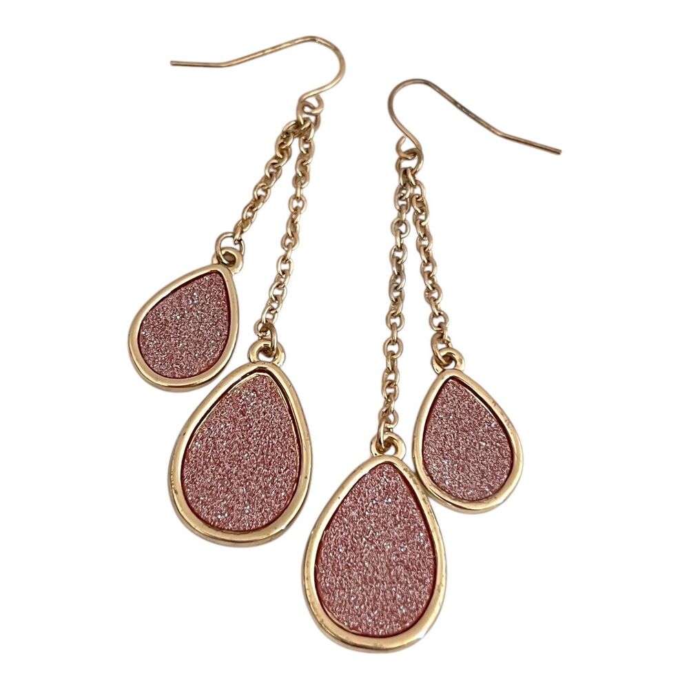 New Gold Tone Earrings Pink Sparkle Dangle - 12J